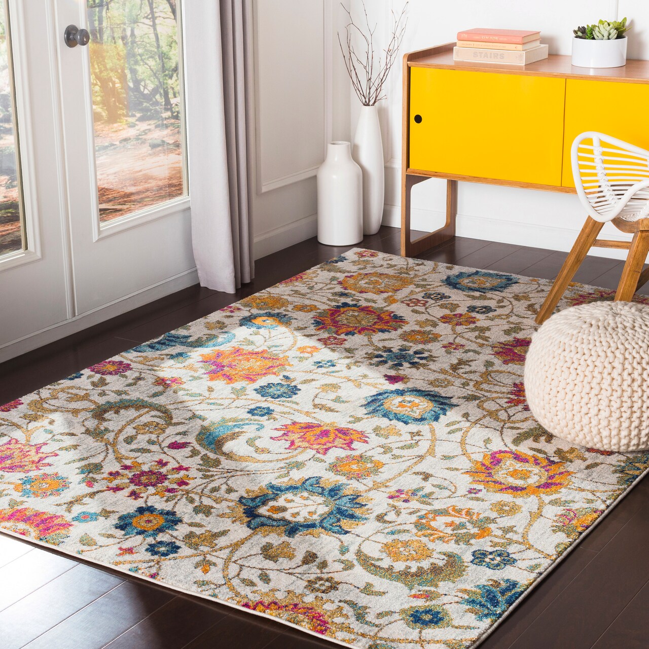 Tiwari Home 7.8' x 10.25' Floral Patterned Gray and Orange Rectangular Area Throw Rug